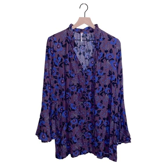 FREE PEOPLE oversize floral bell sleeve button up blouse S - Picture 1 of 6